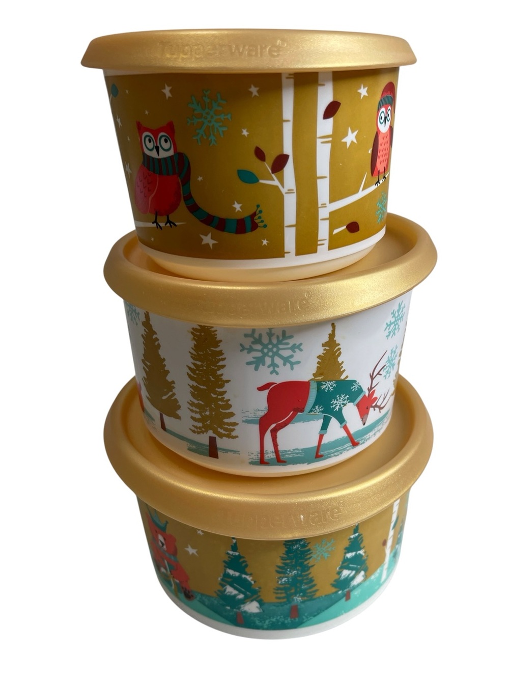 Tupperware Snowfall Sweeties Christmas Holiday Stacking Canisters Set of 3 Lids